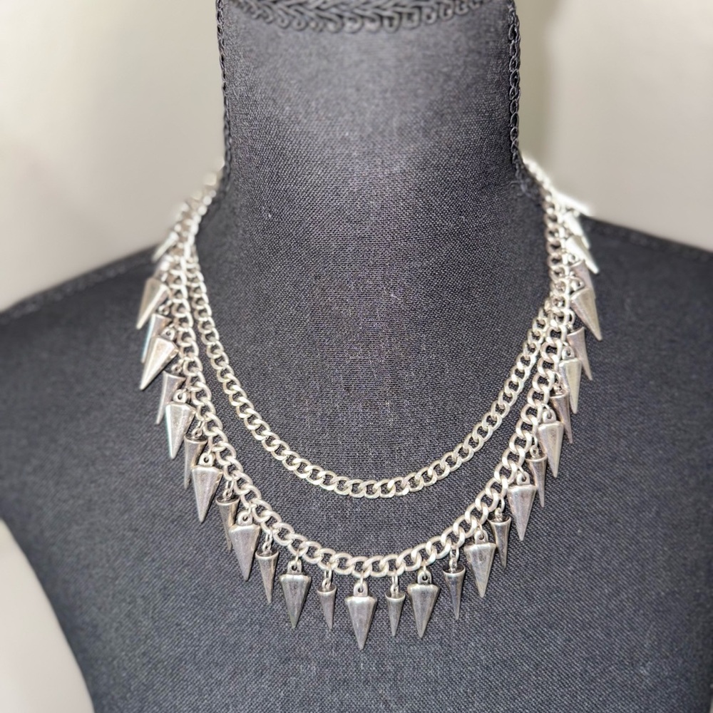 Stainless Steal 2 Chain‎ Spiked Necklace